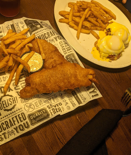 Fish and Chips and Eggs Benedict at the Social Goat